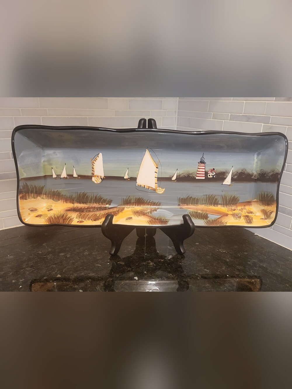Vintage Sakura By The Sea David Carter Brown 18” Bread Tray Lighthouse NIB
